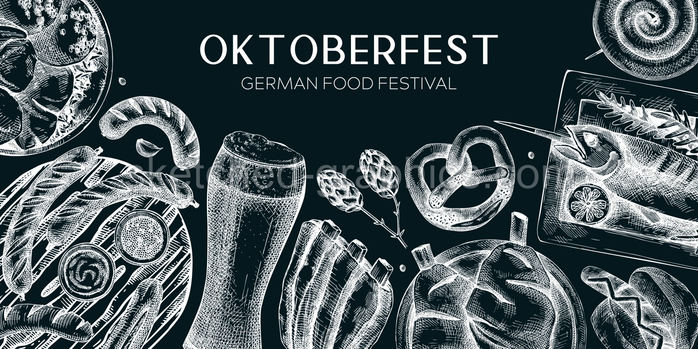 German food background on chalkboard. Oktoberfest menu design. Vector meat dishes sketches. German cuisine banner in vintage style. Traditional Food festival illustration. Beer hand drawing Illustration